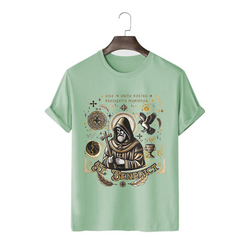 Christianartworkshop Klassisches T-Shirt mit Segensmotiv des Heiligen Benedikt, kurzärmlig, gewaschen