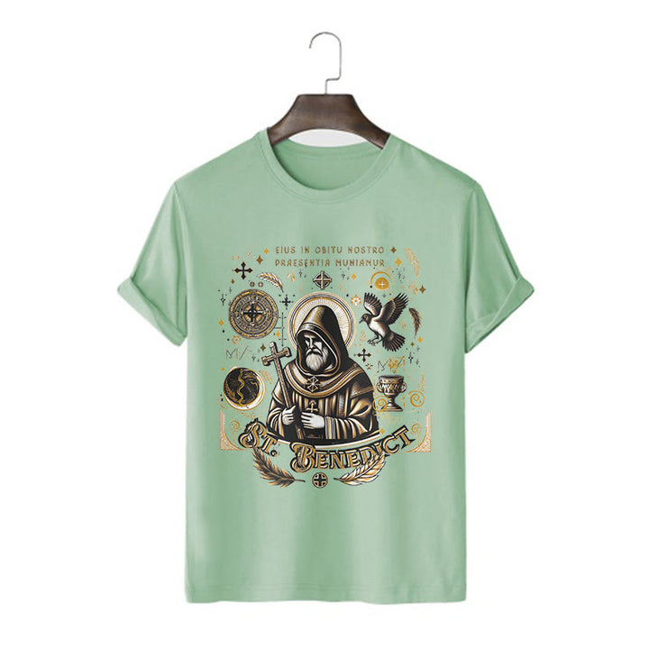 Christianartworkshop Klassisches T-Shirt mit Segensmotiv des Heiligen Benedikt, kurzärmlig, gewaschen