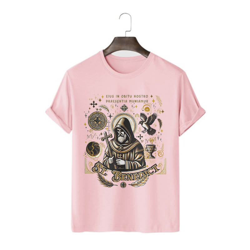 Christianartworkshop Klassisches T-Shirt mit Segensmotiv des Heiligen Benedikt, kurzärmlig, gewaschen