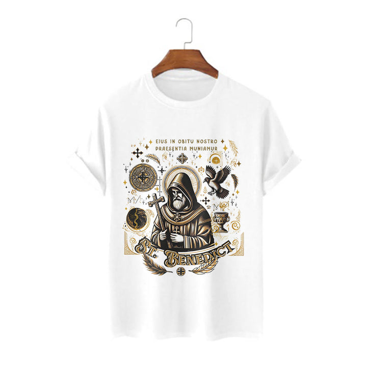 Christianartworkshop Klassisches T-Shirt mit Segensmotiv des Heiligen Benedikt, kurzärmlig, gewaschen