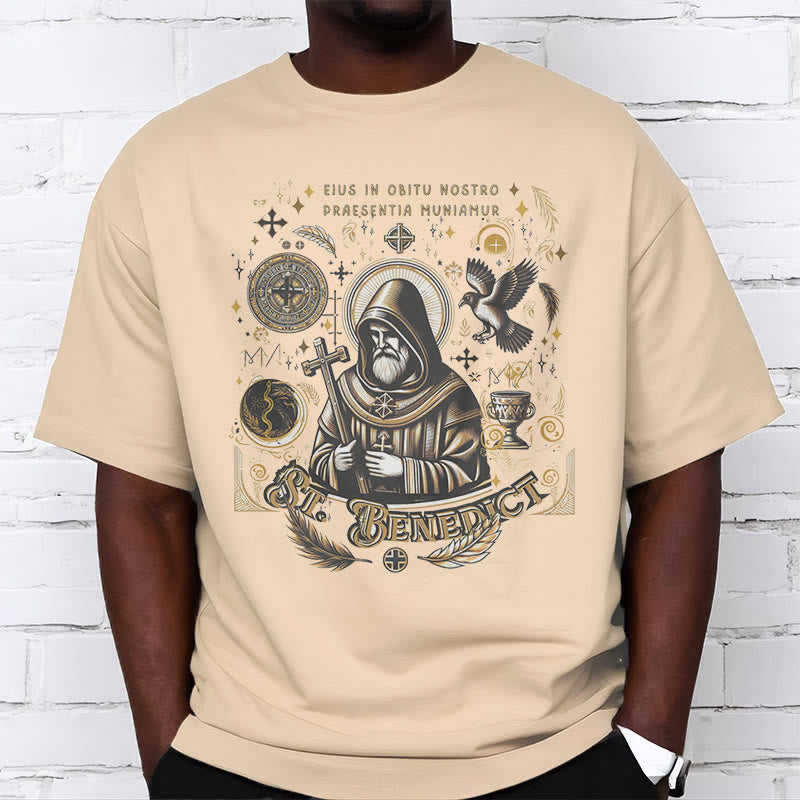 Christianartworkshop Klassisches T-Shirt mit Segensmotiv des Heiligen Benedikt, kurzärmlig, gewaschen