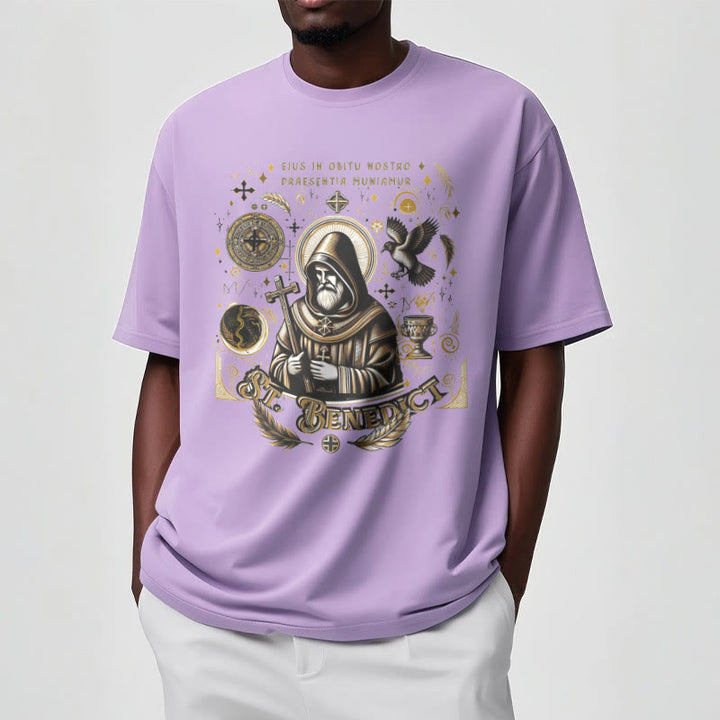 Christianartworkshop Klassisches T-Shirt mit Segensmotiv des Heiligen Benedikt, kurzärmlig, gewaschen
