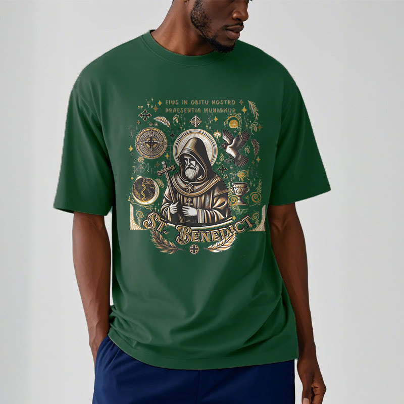 Christianartworkshop Klassisches T-Shirt mit Segensmotiv des Heiligen Benedikt, kurzärmlig, gewaschen