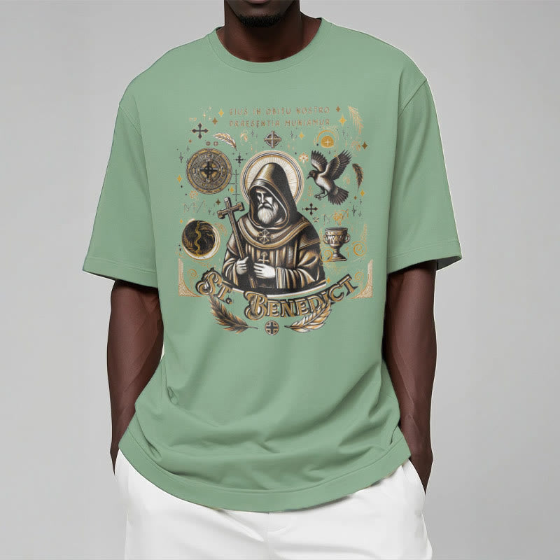 Christianartworkshop Klassisches T-Shirt mit Segensmotiv des Heiligen Benedikt, kurzärmlig, gewaschen