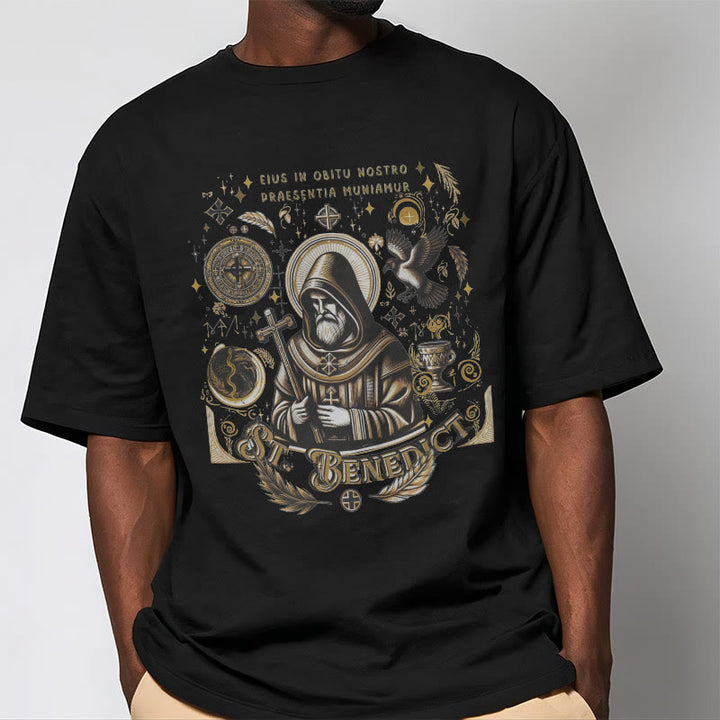 Christianartworkshop Klassisches T-Shirt mit Segensmotiv des Heiligen Benedikt, kurzärmlig, gewaschen