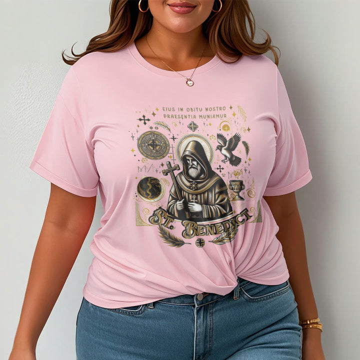 Christianartworkshop Klassisches T-Shirt mit Segensmotiv des Heiligen Benedikt, kurzärmlig, gewaschen
