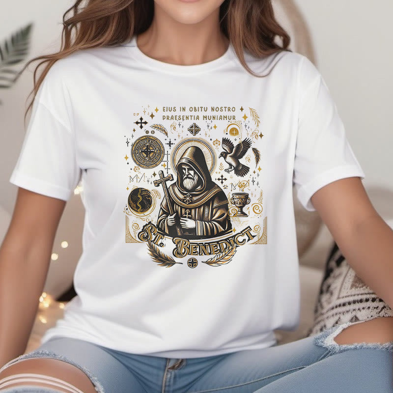 Christianartworkshop Klassisches T-Shirt mit Segensmotiv des Heiligen Benedikt, kurzärmlig, gewaschen
