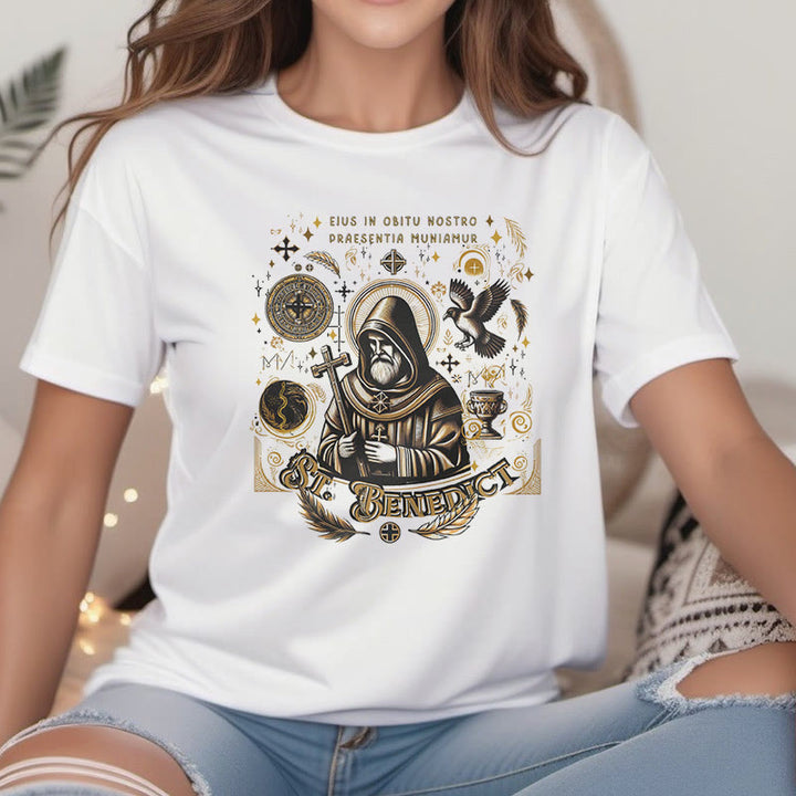 Christianartworkshop Klassisches T-Shirt mit Segensmotiv des Heiligen Benedikt, kurzärmlig, gewaschen