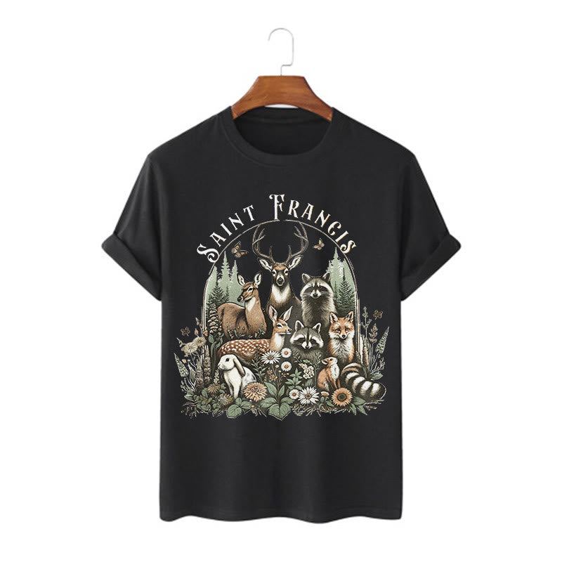 Christianartworkshop Farbiger Stil Harmony Of Nature Saint Francis Kurzärmliges gewaschenes T-Shirt