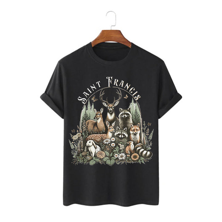 Christianartworkshop Farbiger Stil Harmony Of Nature Saint Francis Kurzärmliges gewaschenes T-Shirt