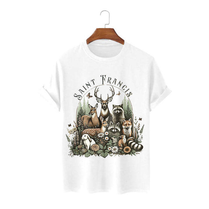 Christianartworkshop Farbiger Stil Harmony Of Nature Saint Francis Kurzärmliges gewaschenes T-Shirt