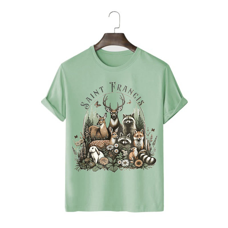 Christianartworkshop Farbiger Stil Harmony Of Nature Saint Francis Kurzärmliges gewaschenes T-Shirt
