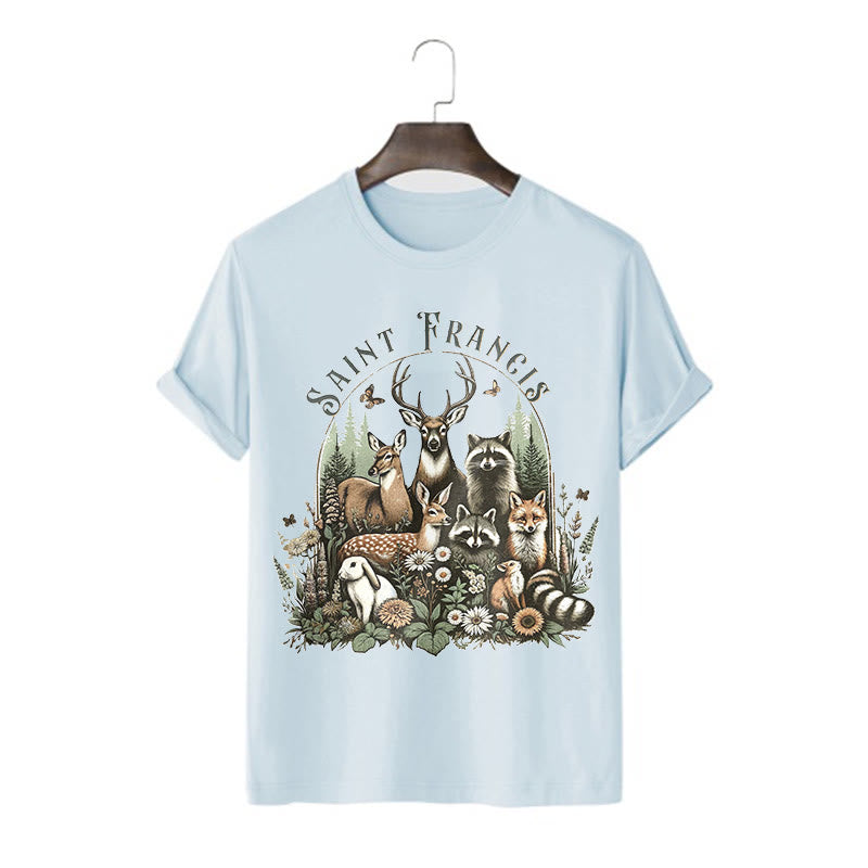 Christianartworkshop Farbiger Stil Harmony Of Nature Saint Francis Kurzärmliges gewaschenes T-Shirt