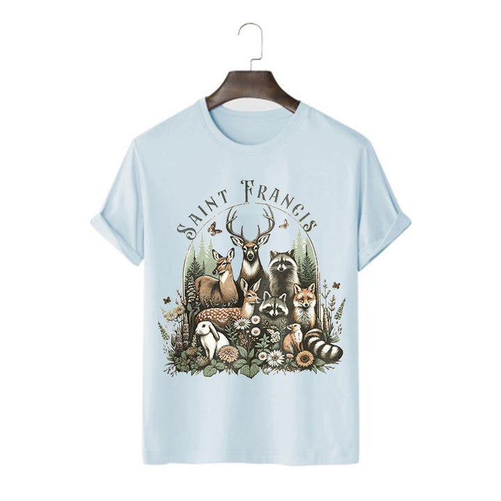 Christianartworkshop Farbiger Stil Harmony Of Nature Saint Francis Kurzärmliges gewaschenes T-Shirt
