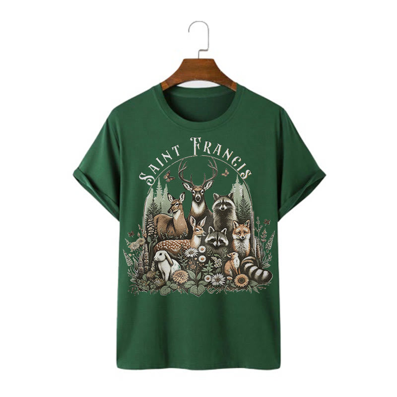 Christianartworkshop Farbiger Stil Harmony Of Nature Saint Francis Kurzärmliges gewaschenes T-Shirt