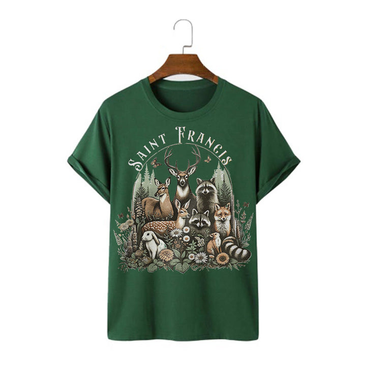 Christianartworkshop Farbiger Stil Harmony Of Nature Saint Francis Kurzärmliges gewaschenes T-Shirt