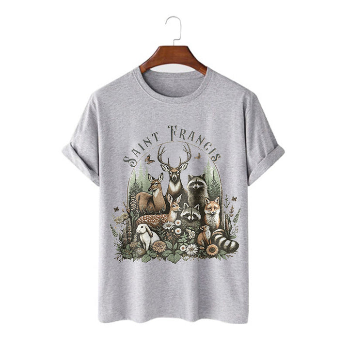 Christianartworkshop Farbiger Stil Harmony Of Nature Saint Francis Kurzärmliges gewaschenes T-Shirt