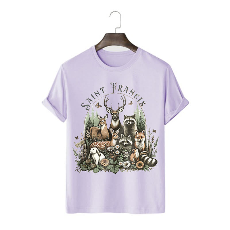 Christianartworkshop Farbiger Stil Harmony Of Nature Saint Francis Kurzärmliges gewaschenes T-Shirt