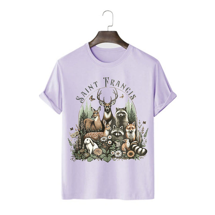 Christianartworkshop Farbiger Stil Harmony Of Nature Saint Francis Kurzärmliges gewaschenes T-Shirt