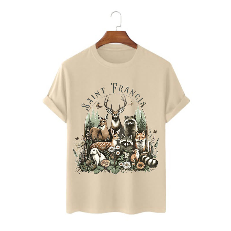 Christianartworkshop Farbiger Stil Harmony Of Nature Saint Francis Kurzärmliges gewaschenes T-Shirt