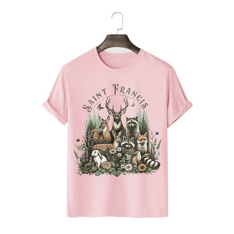 Christianartworkshop Farbiger Stil Harmony Of Nature Saint Francis Kurzärmliges gewaschenes T-Shirt