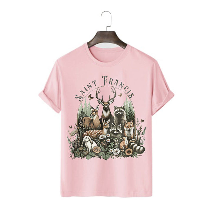 Christianartworkshop Farbiger Stil Harmony Of Nature Saint Francis Kurzärmliges gewaschenes T-Shirt