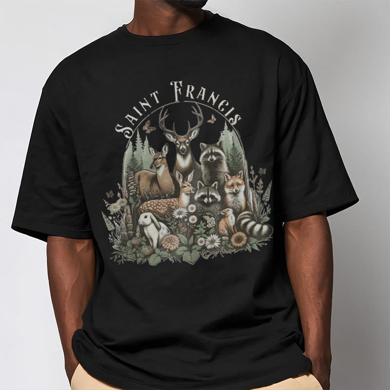 Christianartworkshop Farbiger Stil Harmony Of Nature Saint Francis Kurzärmliges gewaschenes T-Shirt
