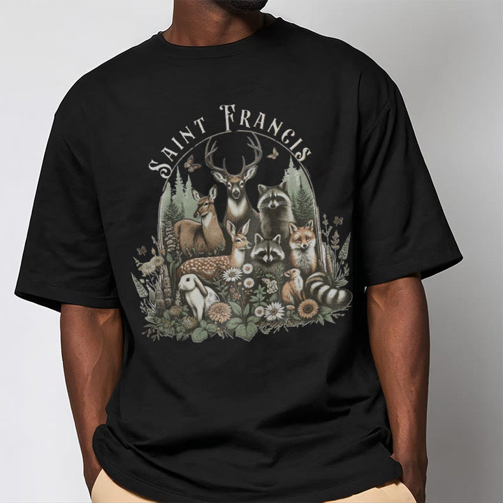 Christianartworkshop Farbiger Stil Harmony Of Nature Saint Francis Kurzärmliges gewaschenes T-Shirt