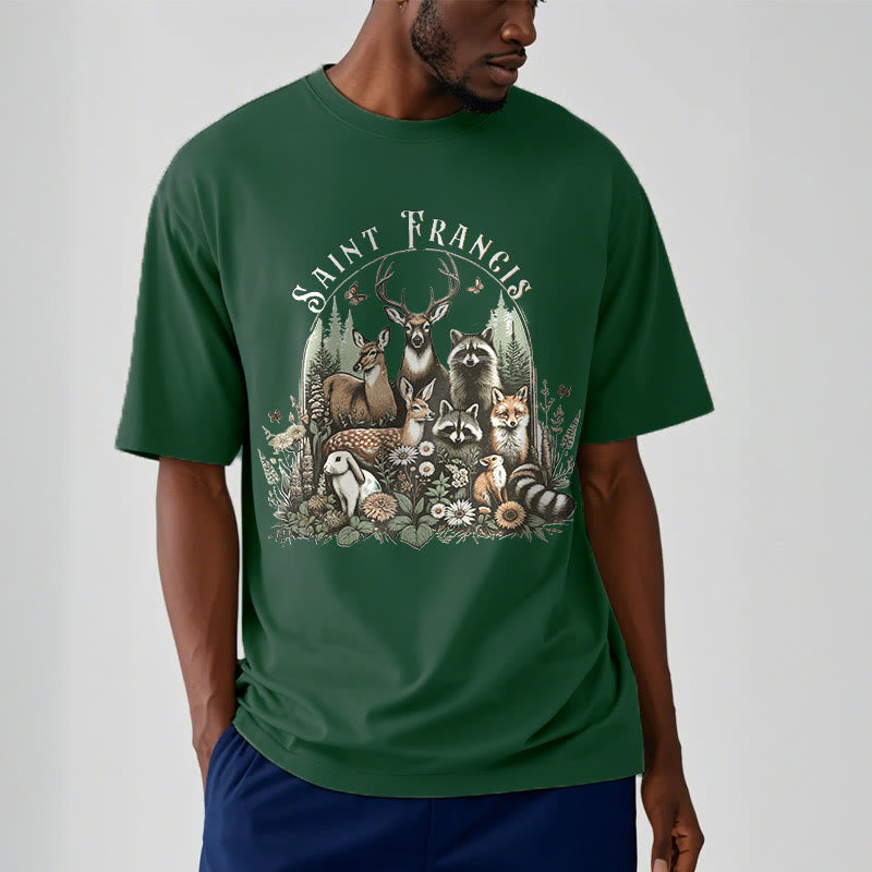 Christianartworkshop Farbiger Stil Harmony Of Nature Saint Francis Kurzärmliges gewaschenes T-Shirt