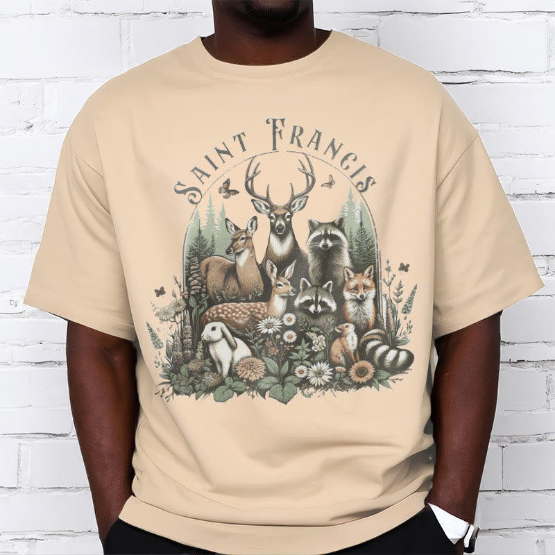 Christianartworkshop Farbiger Stil Harmony Of Nature Saint Francis Kurzärmliges gewaschenes T-Shirt