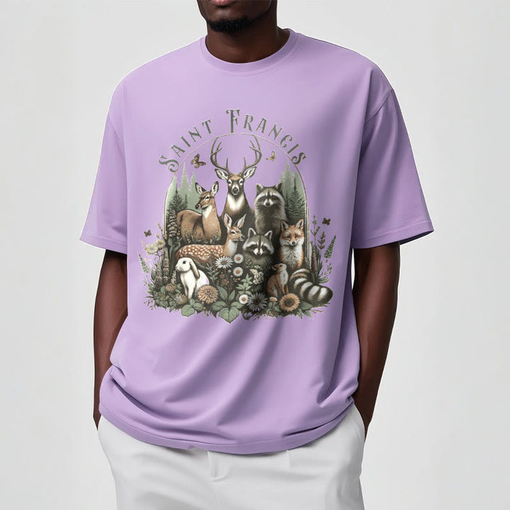 Christianartworkshop Farbiger Stil Harmony Of Nature Saint Francis Kurzärmliges gewaschenes T-Shirt