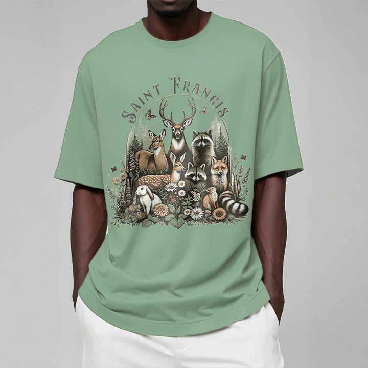 Christianartworkshop Farbiger Stil Harmony Of Nature Saint Francis Kurzärmliges gewaschenes T-Shirt