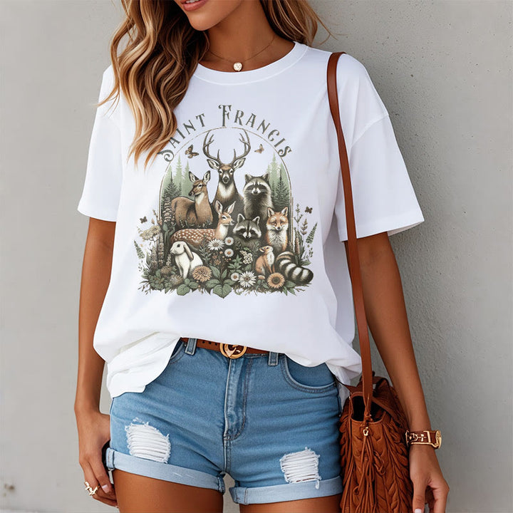 Christianartworkshop Farbiger Stil Harmony Of Nature Saint Francis Kurzärmliges gewaschenes T-Shirt