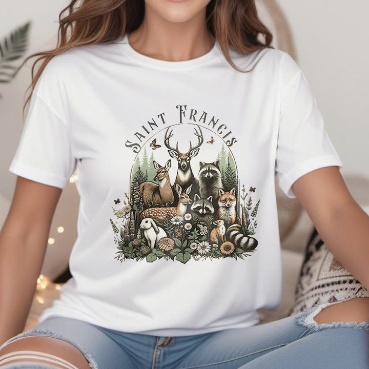 Christianartworkshop Farbiger Stil Harmony Of Nature Saint Francis Kurzärmliges gewaschenes T-Shirt