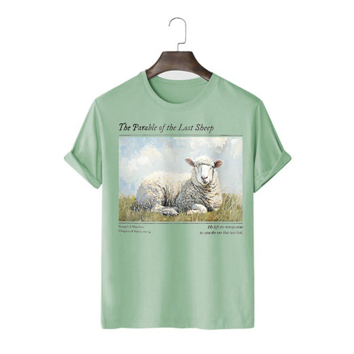 Christianartworkshop T-Shirt im realistischen Stil „Parable of the Lost Sheep“, kurzärmlig, gewaschen