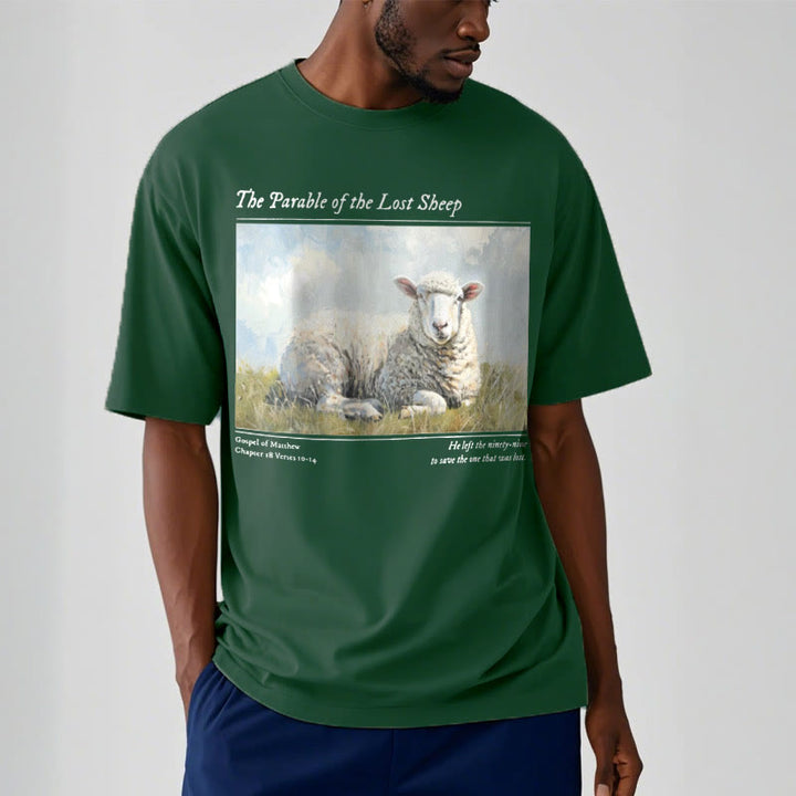 Christianartworkshop T-Shirt im realistischen Stil „Parable of the Lost Sheep“, kurzärmlig, gewaschen