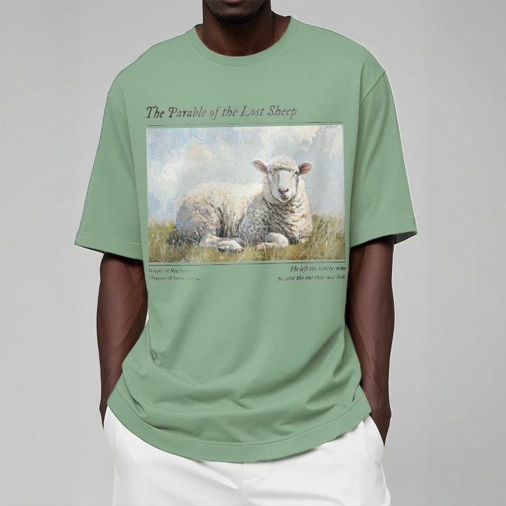 Christianartworkshop T-Shirt im realistischen Stil „Parable of the Lost Sheep“, kurzärmlig, gewaschen