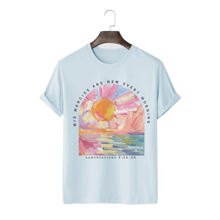 Christianartworkshop Farbiges Kurzarm-T-Shirt „Seine Barmherzigkeit ist jeden Morgen neu“ - Blau - 2XL - image 16