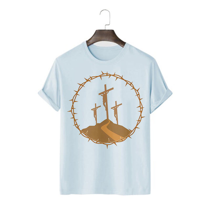 Christianartworkshop – Kurzärmliges, gewaschenes T-Shirt im minimalistischen Stil mit drei Kreuzen von Calvary