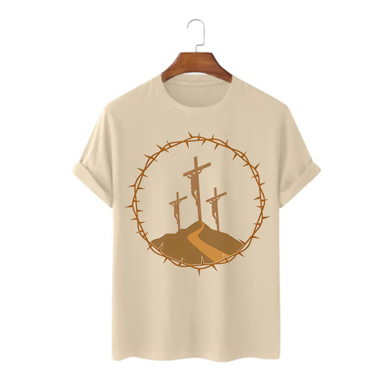 Christianartworkshop – Kurzärmliges, gewaschenes T-Shirt im minimalistischen Stil mit drei Kreuzen von Calvary