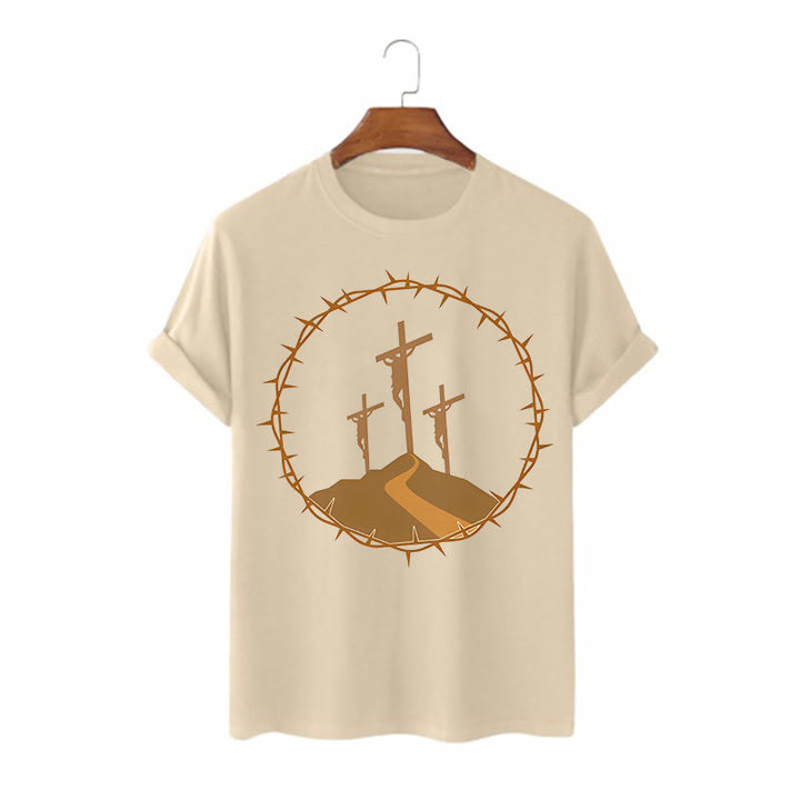 Christianartworkshop – Kurzärmliges, gewaschenes T-Shirt im minimalistischen Stil mit drei Kreuzen von Calvary