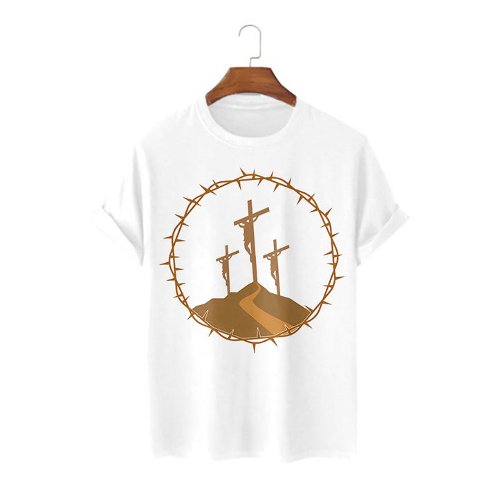 Christianartworkshop – Kurzärmliges, gewaschenes T-Shirt im minimalistischen Stil mit drei Kreuzen von Calvary