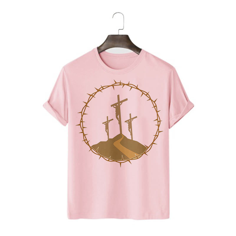 Christianartworkshop – Kurzärmliges, gewaschenes T-Shirt im minimalistischen Stil mit drei Kreuzen von Calvary