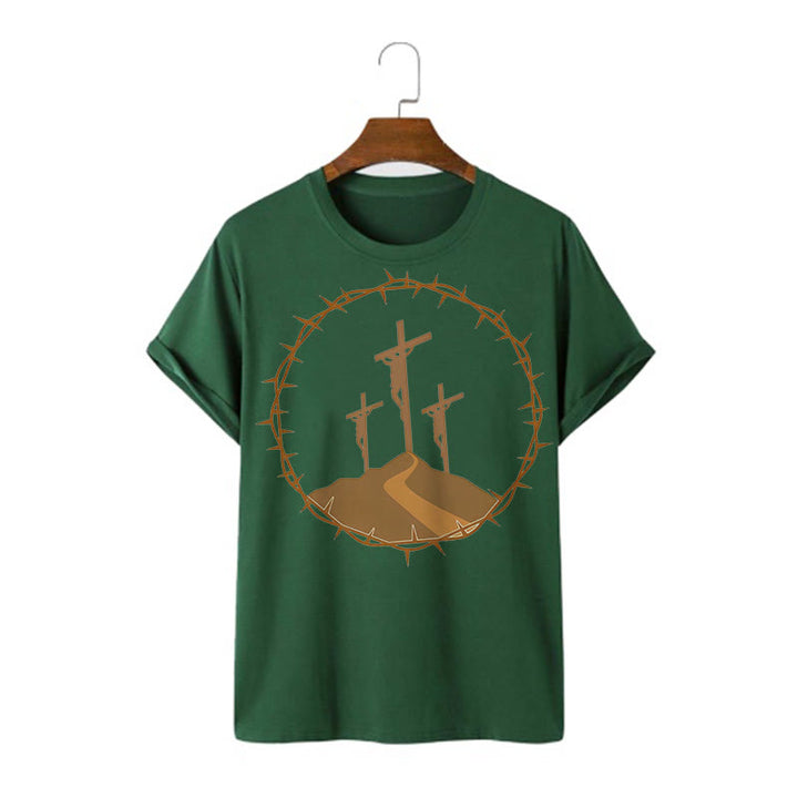 Christianartworkshop – Kurzärmliges, gewaschenes T-Shirt im minimalistischen Stil mit drei Kreuzen von Calvary