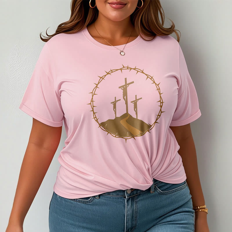 Christianartworkshop – Kurzärmliges, gewaschenes T-Shirt im minimalistischen Stil mit drei Kreuzen von Calvary