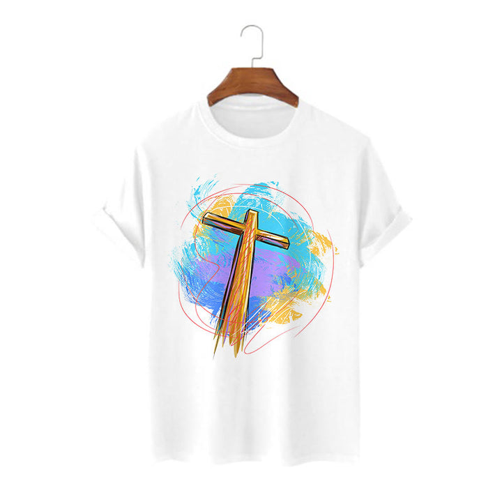 Christianartworkshop Farbiges, kurzärmliges, gewaschenes T-Shirt mit Segenskreuz