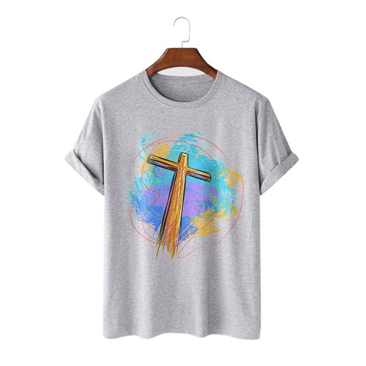 Christianartworkshop Farbiges, kurzärmliges, gewaschenes T-Shirt mit Segenskreuz
