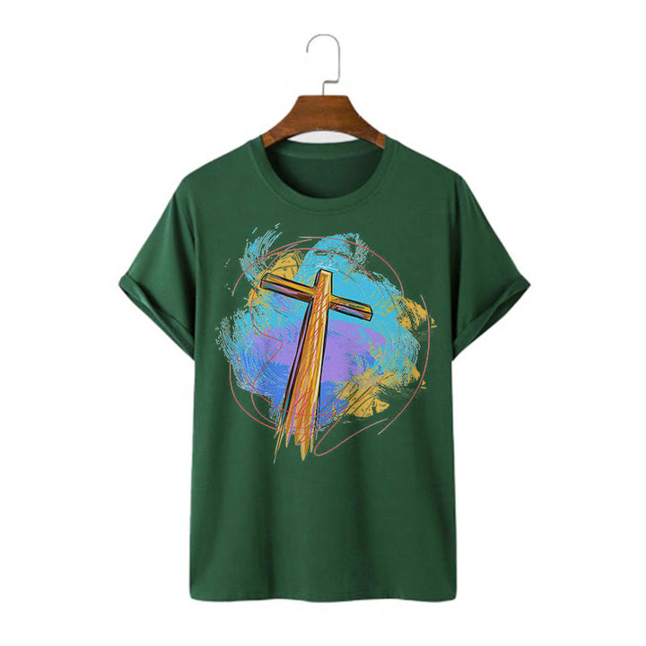 Christianartworkshop Farbiges, kurzärmliges, gewaschenes T-Shirt mit Segenskreuz