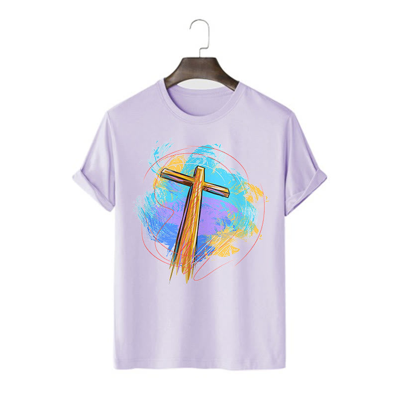 Christianartworkshop Farbiges, kurzärmliges, gewaschenes T-Shirt mit Segenskreuz