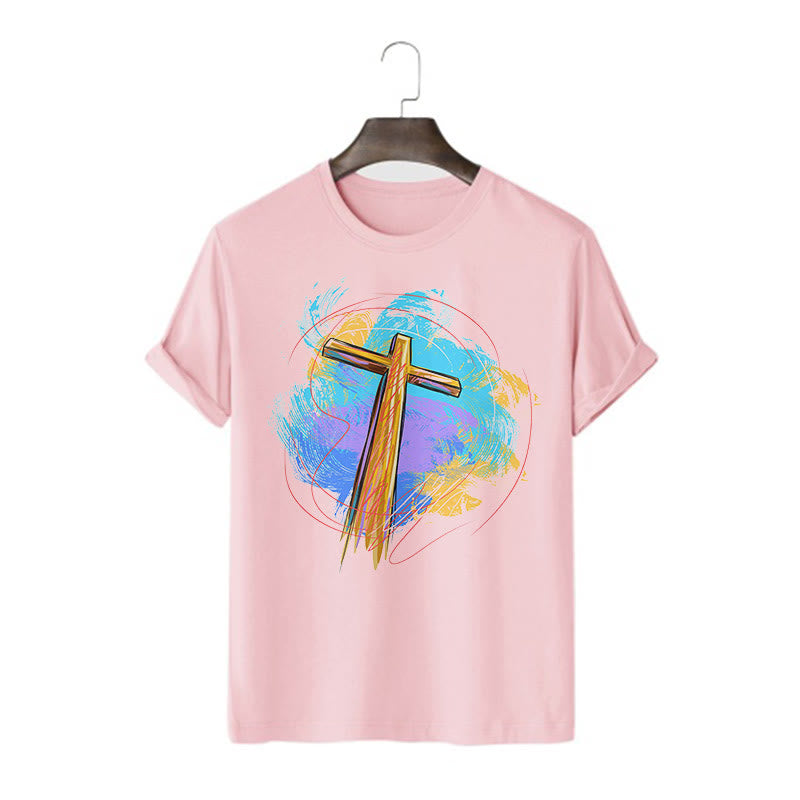 Christianartworkshop Farbiges, kurzärmliges, gewaschenes T-Shirt mit Segenskreuz